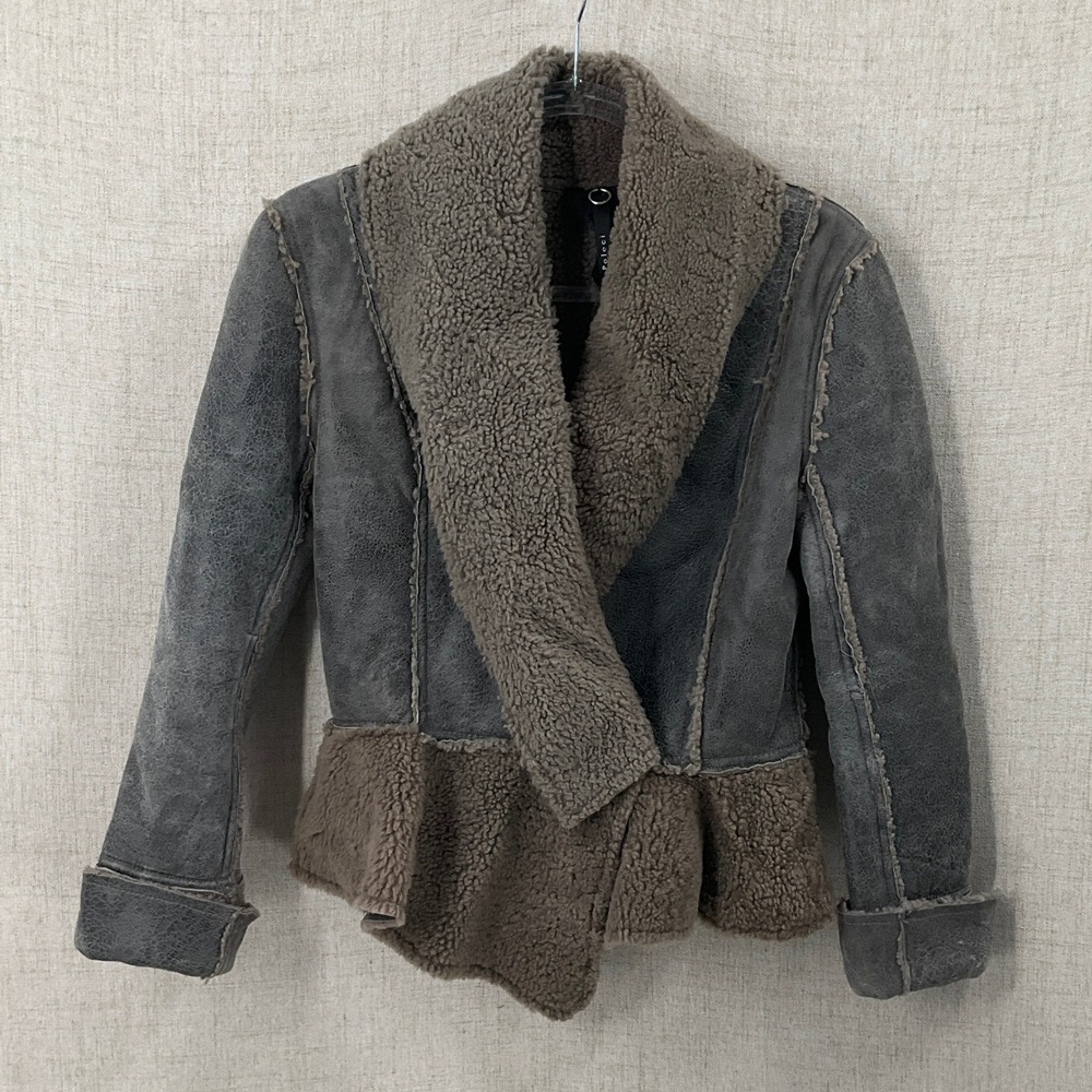 Poleci Shearling Jacket Womens S Gray Distressed Peplum Moto Boho Y2K Edgy